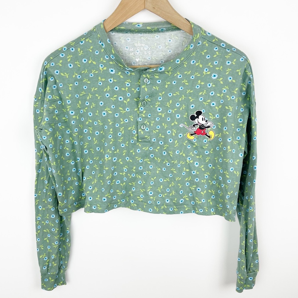 Disney Mickey Mouse Floral Henley Crop Top Size Extra Small